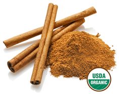 This may contain: cinnamon sticks and ground cinnamon on a white background with the usa organic logo above it